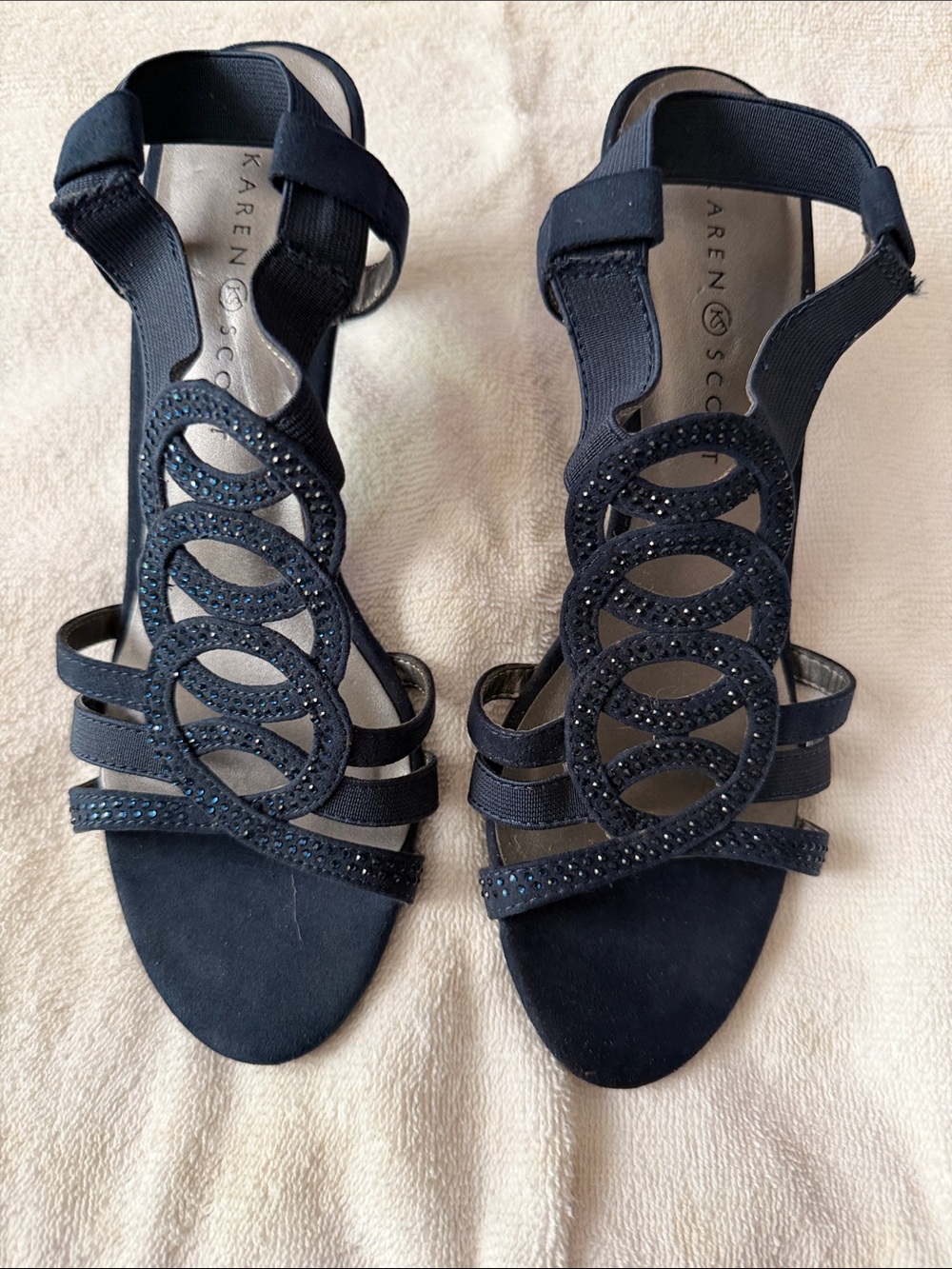 Karen Scott Navy T-Strap Heeled Sandals with Rhinestone Accents